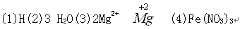 用化学符号表示：(1)1个氢原子_______________；(2)3个水分子_______________；(3)2个镁离子_______________、镁元素的化合价为+2价_______________；(4)硝酸铁的化学式_______________．